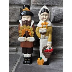 Vintage Hand Painted Wood Carved Harvest Pilgrims Man Woman Cottagecore Prairie